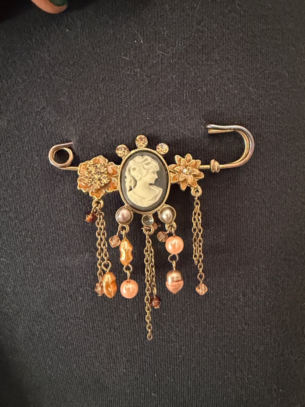 Vintage Cameo Dangle Brooch Pin | Victorian Revival Statement w/ Beaded Fringe